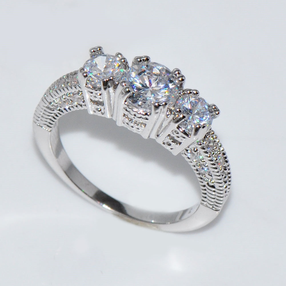 Silvery Three Stone Zirconia Engagement Wedding Band Ring